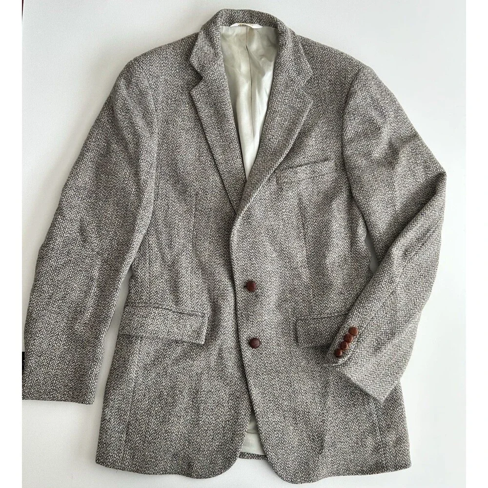 Vintage Harris Tweed Blazer 38-40R Hunting Horn Scottish Wool Leather Buttons